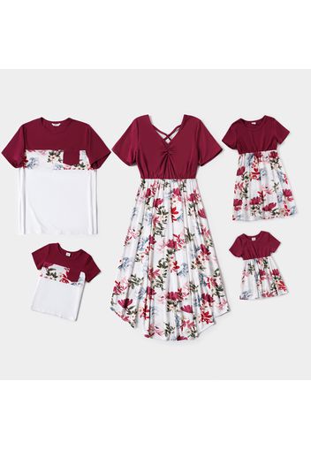 Family Matching Solid Short-sleeve Splicing Floral Print Dresses and Colorblock T-shirts Sets