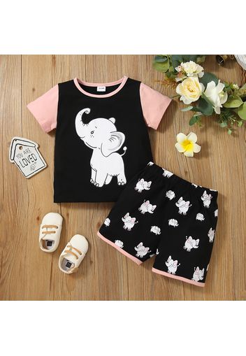 2-piece Toddler Girl Animal Elephant Print Short-sleeve Tee and Elasticized Shorts Set