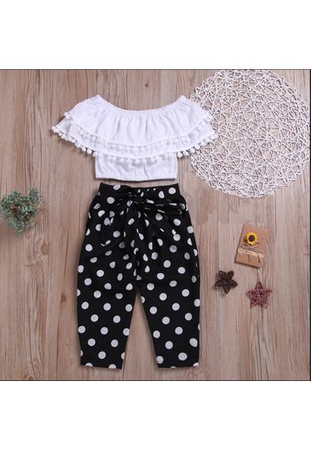 2-piece Fashionable Off Shoulder Pompon Flounced Top and Polka Dots Pants Set