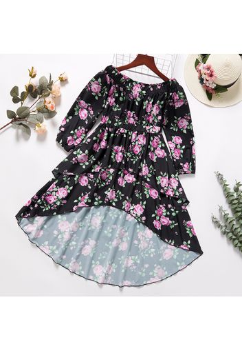 Beautiful Kid Girl Off Shoulder Floral Print Long-sleeve High Low Dress