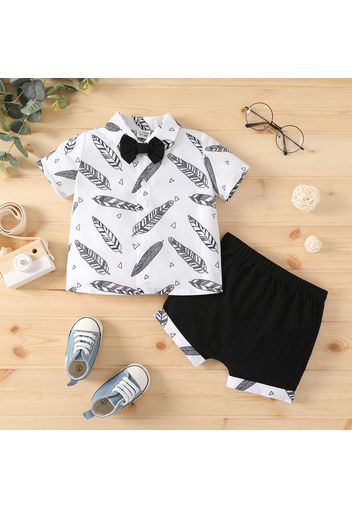 2pcs Baby Boy 100% Cotton Shorts and All Over Feather Print Short-sleeve Bow Tie Button Up Shirt Set