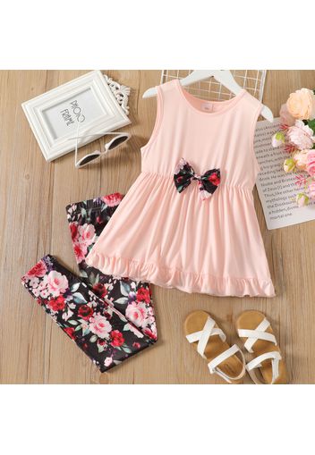 2-piece Kid Girl Floral Print/Solid Color Ruffled Sleeveless Bowknot design Top and Leggings Set