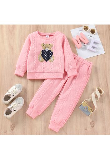 2pcs Toddler Girl Bear Embroidered Cable Knit Textured Pullover Sweatshirt and Pants Set