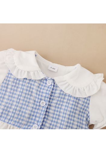 2pcs Baby Girl Cotton Ripped Denim Shorts and Plaid Splicing Peter Pan Collar Puff-sleeve Button Up Top Set