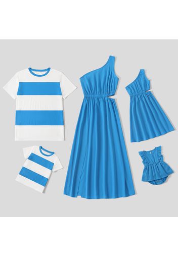 Family Matching Blue One Shoulder Cut Out Split Thigh Sleeveless Dresses and Colorblock Short-sleeve T-shirts Sets