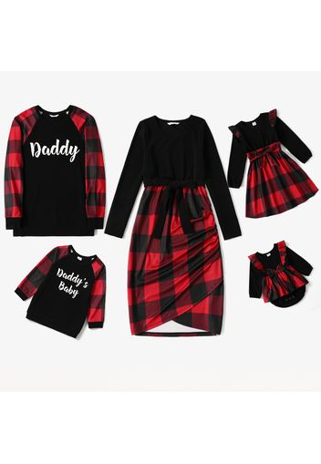 Christmas Red Plaid Family Matching Long-sleeve Splicing Dresses and Letter Print Sweatshirts Sets