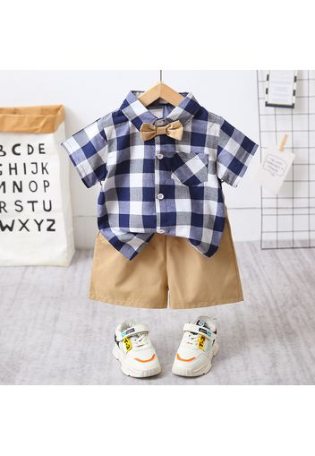 2pcs Baby Boy Short-sleeve Bow Tie Plaid Shirt and Solid Shorts Set