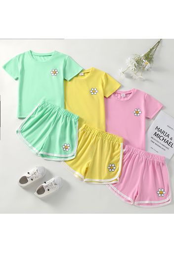 2-piece Kid Girl Floral Face Emojis Print Short-sleeve Tee and Elasticized Dolphin Shorts Set