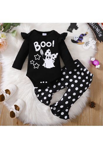 Halloween 2pcs Baby Girl 95% Cotton Black Ruffle Trim Long-sleeve Graphic Romper and Polka Dot Print Flared Pants Set