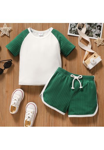 2pcs Toddler Boy Colorblock Ribbed Short Raglan Sleeve Tee and Elasticized Shorts Set