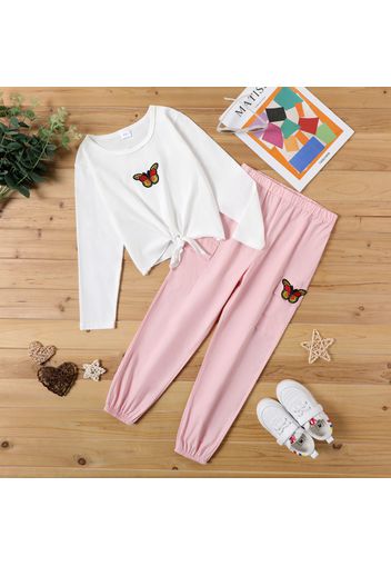 2-piece Kid Girl Butterfly Print Tie Knot Long-sleeve White Top and Elasticized Pink Pants Set