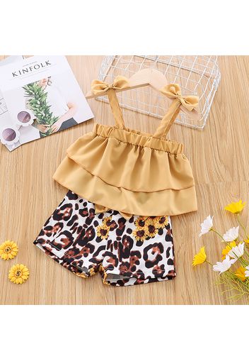 2pcs Baby Girl Solid Sleeveless Bowknot Layered Top and Leopard Shorts Set
