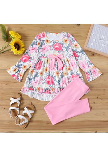 2-piece Kid Girl Bowknot Design Ruffled Hem Floral Print Long-sleeve Top and Elasticized Pink Leggings Set