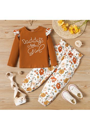 2-piece Toddler Girl Ruffled Letter Print Long-sleeve Ribbed Top and Floral Print Paperbag Pants Set