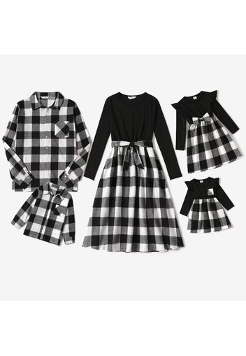 Family Matching Black Plaid Long-sleeve Splicing Dresses and Shirts Sets