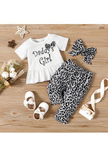 3pcs Baby Girl Short-sleeve Letter Print Top and Leopard Pants with Headband Set