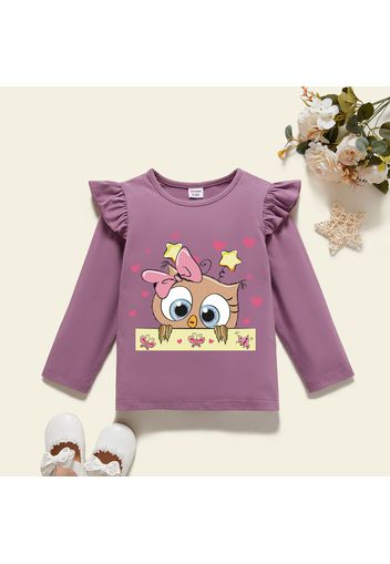 Toddler Girl Graphic Owl and Heart-shaped Print Ruffled Long-sleeve Tee