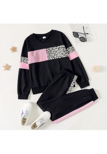 2-piece Kid Girl Leopard Print Colorblock Pullover Sweatshirt and Pants Casual Set