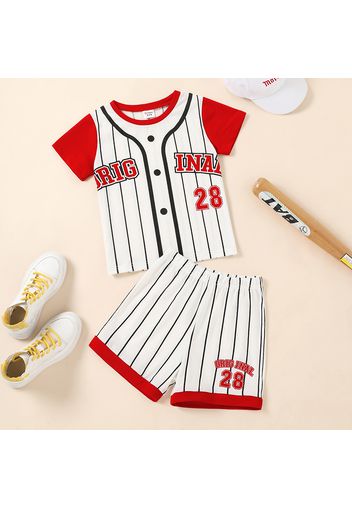 2-piece Kid Boy Letter Number Print Stripe Short-sleeve Tee and Elasticized Shorts Set