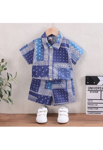 2pcs Toddler Boy 100% Cotton Exotic Allover Print Lapel Collar Shirt and Shorts Set