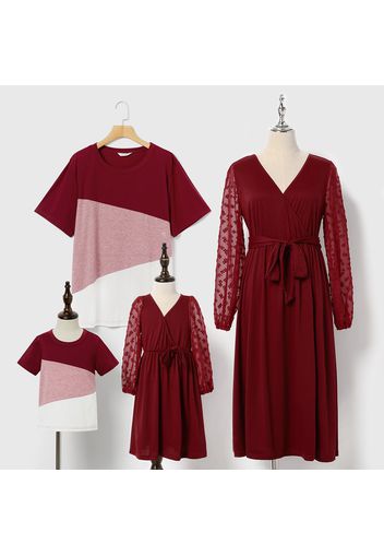 Family Matching Swiss Dot Long-sleeve Belted Wrap Dress and Color Block T-shirts Sets