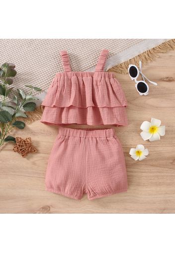 2pcs Baby Girl Pink Crepe Sleeveless Spaghetti Strap Layered Top and Shorts Set