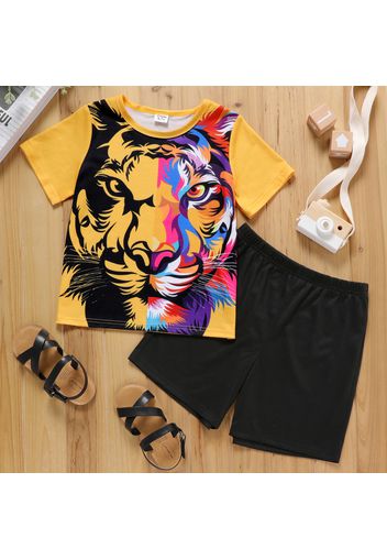 2-piece Kid Boy Colorful Animal Tiger Print Tee and Elasticized Black Shorts Set