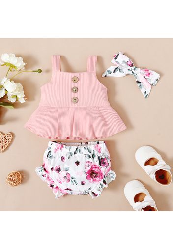 3pcs Baby Girl Solid Ribbed Ruffle Sleeveless Tank Top and Floral Print Shorts with Headband Set