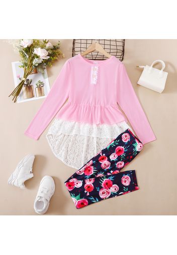 2-piece Kid Girl Lace Design High Low Long-sleeve Top and Floral Print Leggings Set