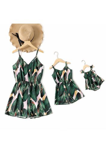 All Over Tropical Plant Print V Neck Spaghetti Strap Romper for Mom and Me