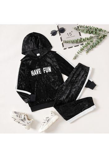 2-piece Kid Girl Letter Print Hoodie and Elasticized Pants Velvet Set