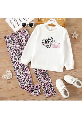 2-piece Kid Girl Letter Heart Print White Sweatshirt and Leopard Print Pants Set