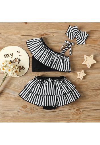 3pcs Baby Girl 95% Cotton Solid Splicing Striped Ruffle Trim One Shoulder Cami Crop Top and Layered Shorts with Headband Set