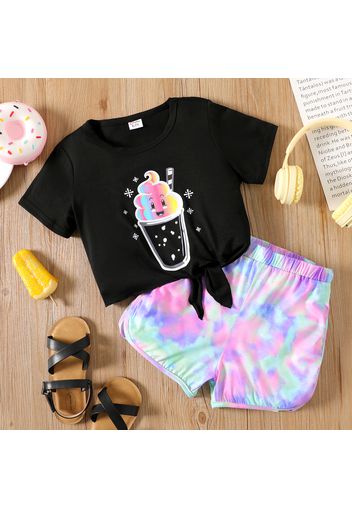 2-piece Kid Girl Food Print Tie Knot Short-sleeve Black Tee and Tie Dyed Shorts Set