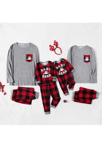 Christmas Bear Paw and Letter Print Family Matching Long-sleeve Red Plaid Pajamas Sets (Flame Resistant)