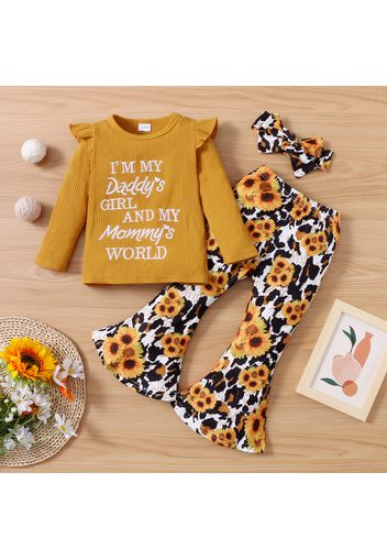 2-piece Toddler Girl Letter Embroidered Ruffled Long-sleeve Ribbed Top and Floral Print Flared Pants Set