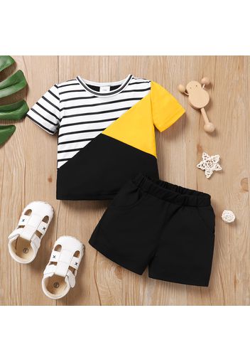 2pcs Baby Boy Striped Colorblock Short-sleeve Tee and Solid Shorts Set