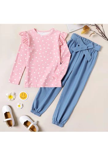 2-piece Kid Girl Heart Print Ruffled Long-sleeve Pink Top and Elegant Denim Blue Color Pants Set