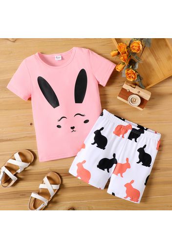 2-piece Kid Girl Animal Rabbit Print Skinny Short-sleeve Pink Tee and Elasticized Shorts Skinny Set