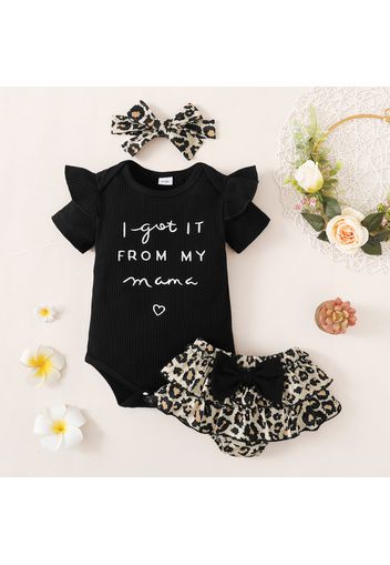 3pcs Baby Girl Letter Embroidered Black Ribbed Short-sleeve Romper and Leopard Layered Shorts with Headband Set