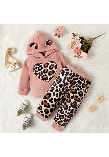 2pcs Baby Girl Love Heart Pattern Fleece Long-sleeve Hoodie and Leopard Trousers Set