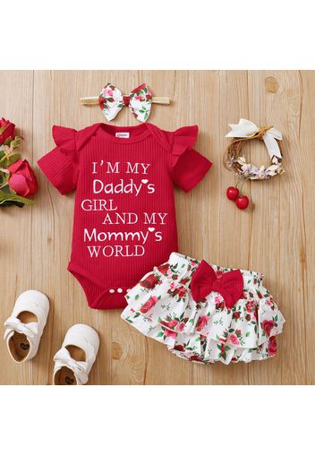 3pcs Baby Girl 95% Cotton Ribbed Letter Embroidered Short-sleeve Romper and Floral Print Layered Ruffle Skort with Headband Set