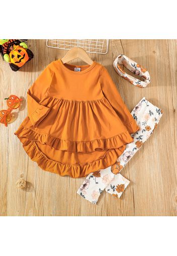 3pcs Toddler Girl Ruffled High Low Long-sleeve Tee & Floral Print Leggings and Scarf Set