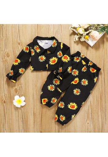 2pcs Toddler Girl Floral Print Lapel Collar Long-sleeve Crop Shirt and Pants Set