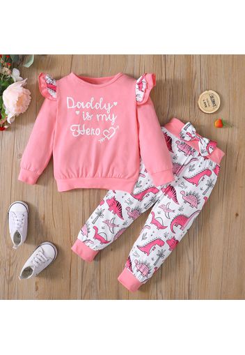 2-piece Toddler Girl Ruffled Letter Print Pink Sweatshirt and Bowknot Design Dinosuar Print Pants Set