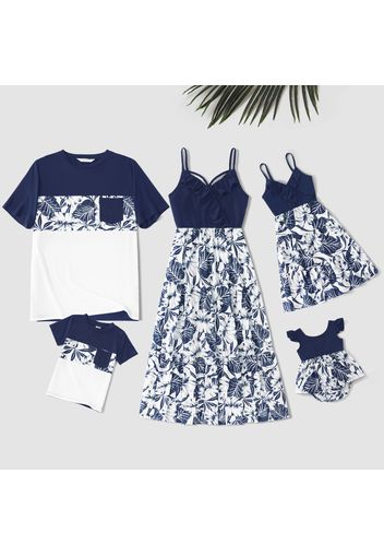 Family Matching Solid Spaghetti Strap Ruffle V Neck Splicing Plant Print Dresses and Colorblock Short-sleeve T-shirts Sets