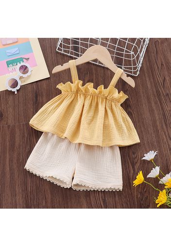 100% Cotton Crepe 2pcs Baby Girl Solid Sleeveless Top and Shorts Set