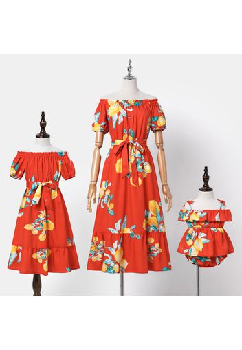 All Over Floral Print Off Shoulder Short-sleeve Belted Dress for Mom and Me