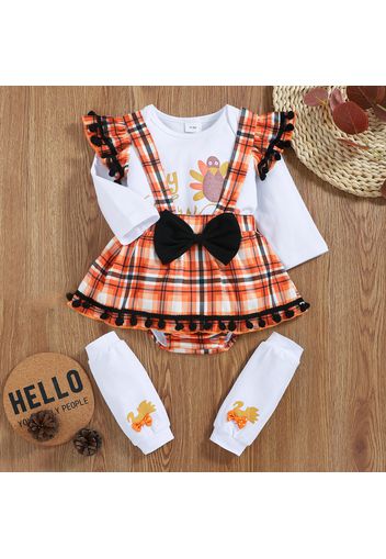 Thanksgiving Day 3pcs Baby Turkey and Letter Print Ruffle Pom Poms Long-sleeve Romper with Plaid Suspender Skirt Set