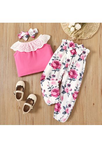 3-piece Toddler Girl Flounce Schiffy Design Sleeveless Top, Floral Print Pants and Headband Set